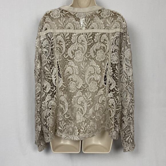 Chicos Open Lace Jacket Cardigan Size 3 Beige Tan Sheer Crochet Lace Dressy XL - Picture 7 of 13